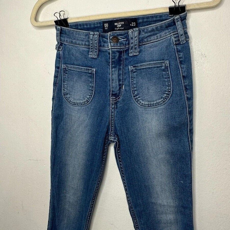 Hollister Medium Wash Crop Patch Pocket Hi-Rise Denim Skinny Jean Raw Hem 23 00