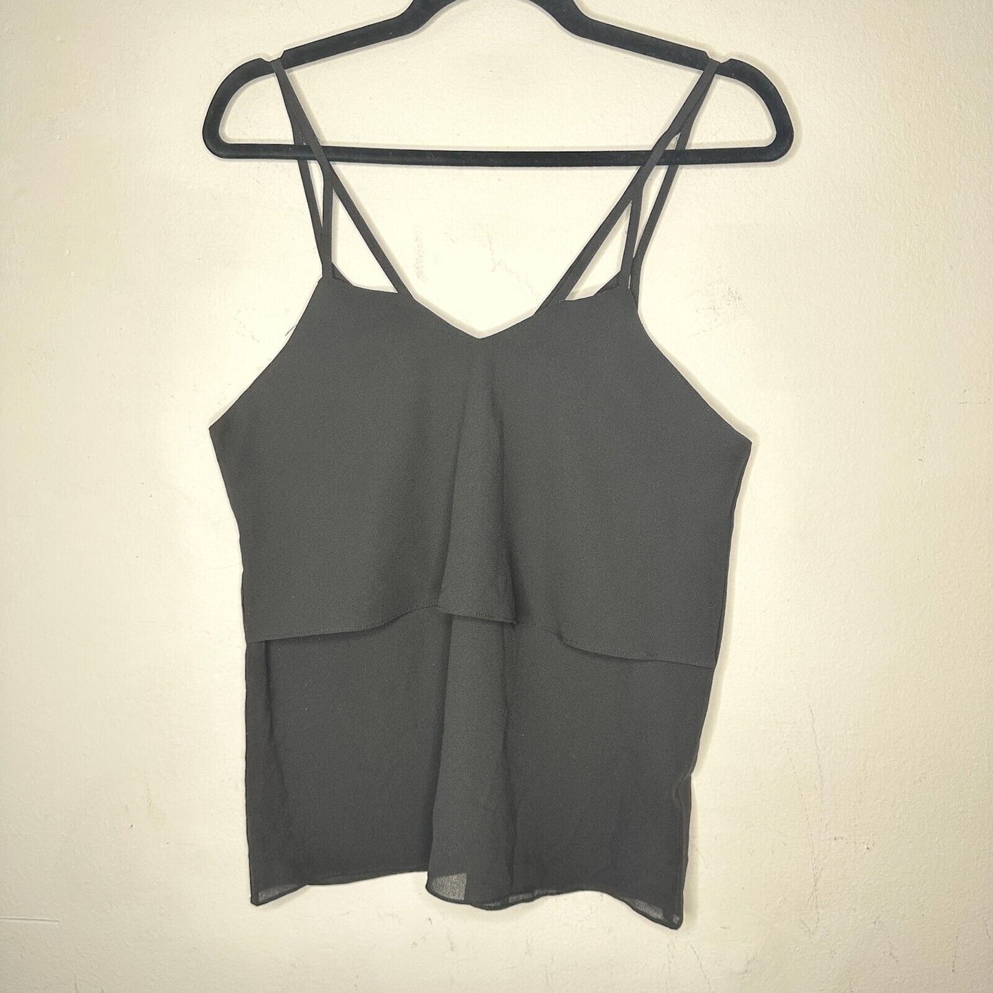 Love Riche Sexy Strappy Jet Black Tiered Flowy Layer Vneck Cami Top Blouse S