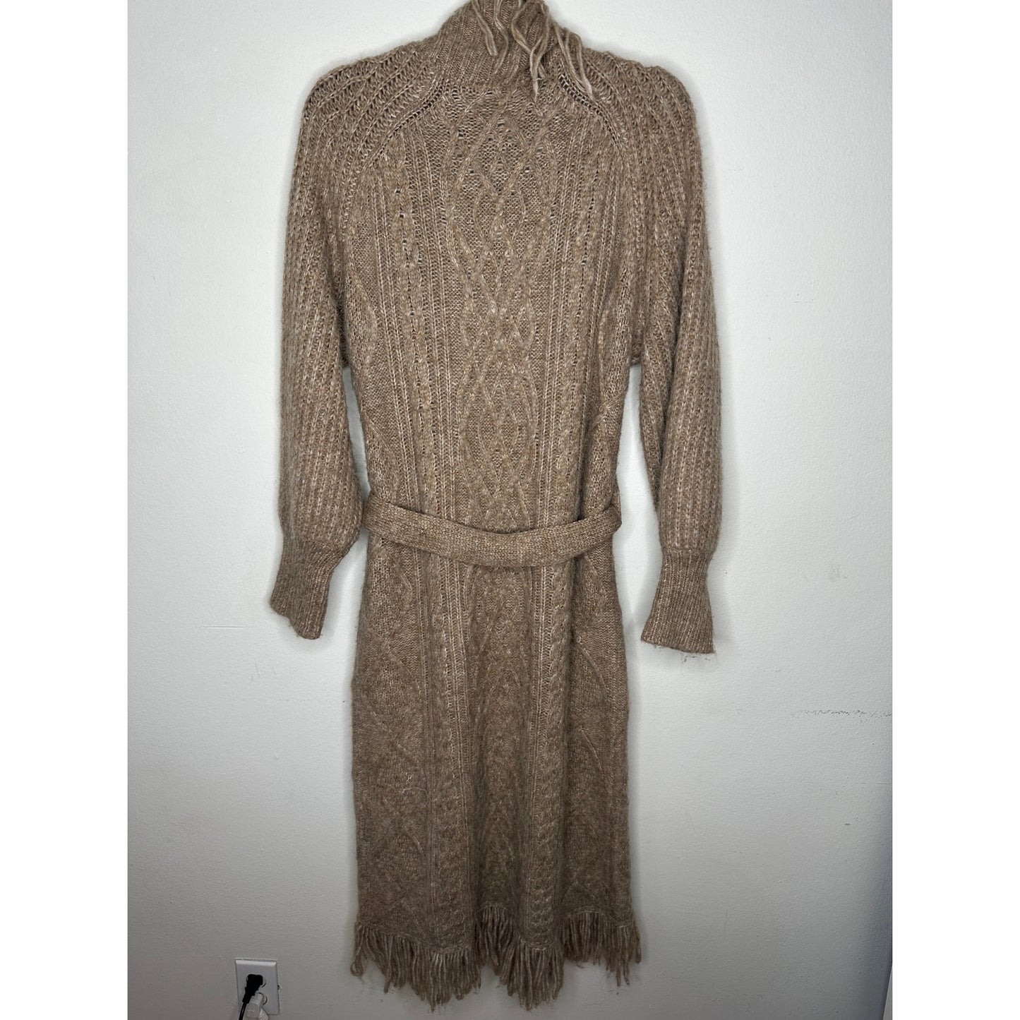 Olivaceous Tan Cream Cable Knit Fringe Trim Midi Cardigan L