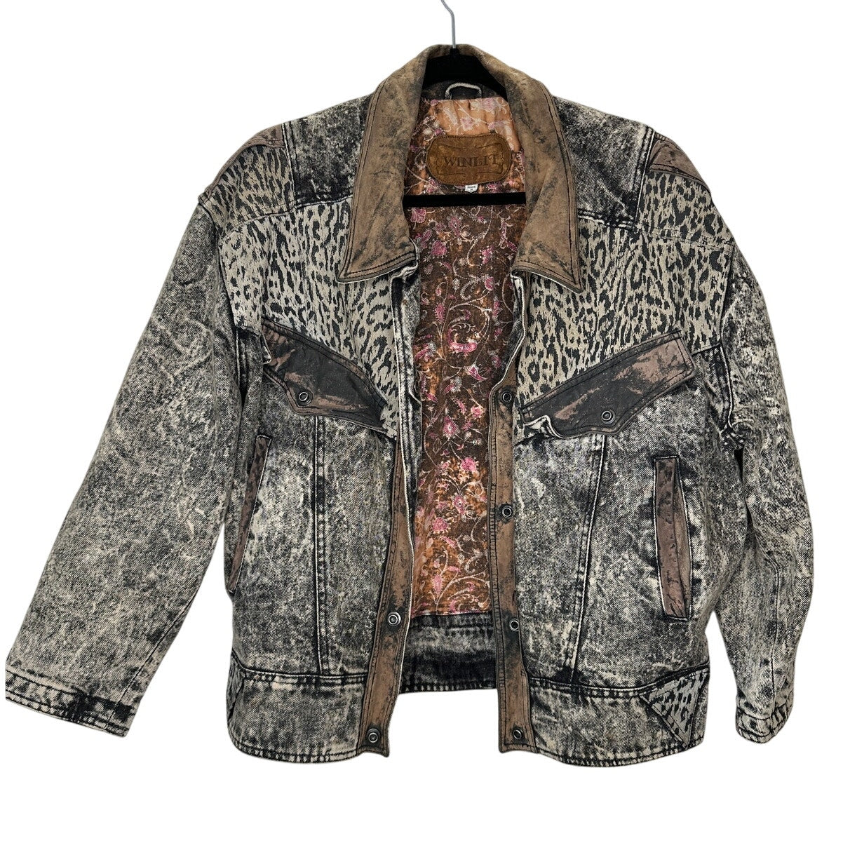 Winlit Vintage Tan Black Suede & Denim Acid Wash Animal Print Biker Jacket S