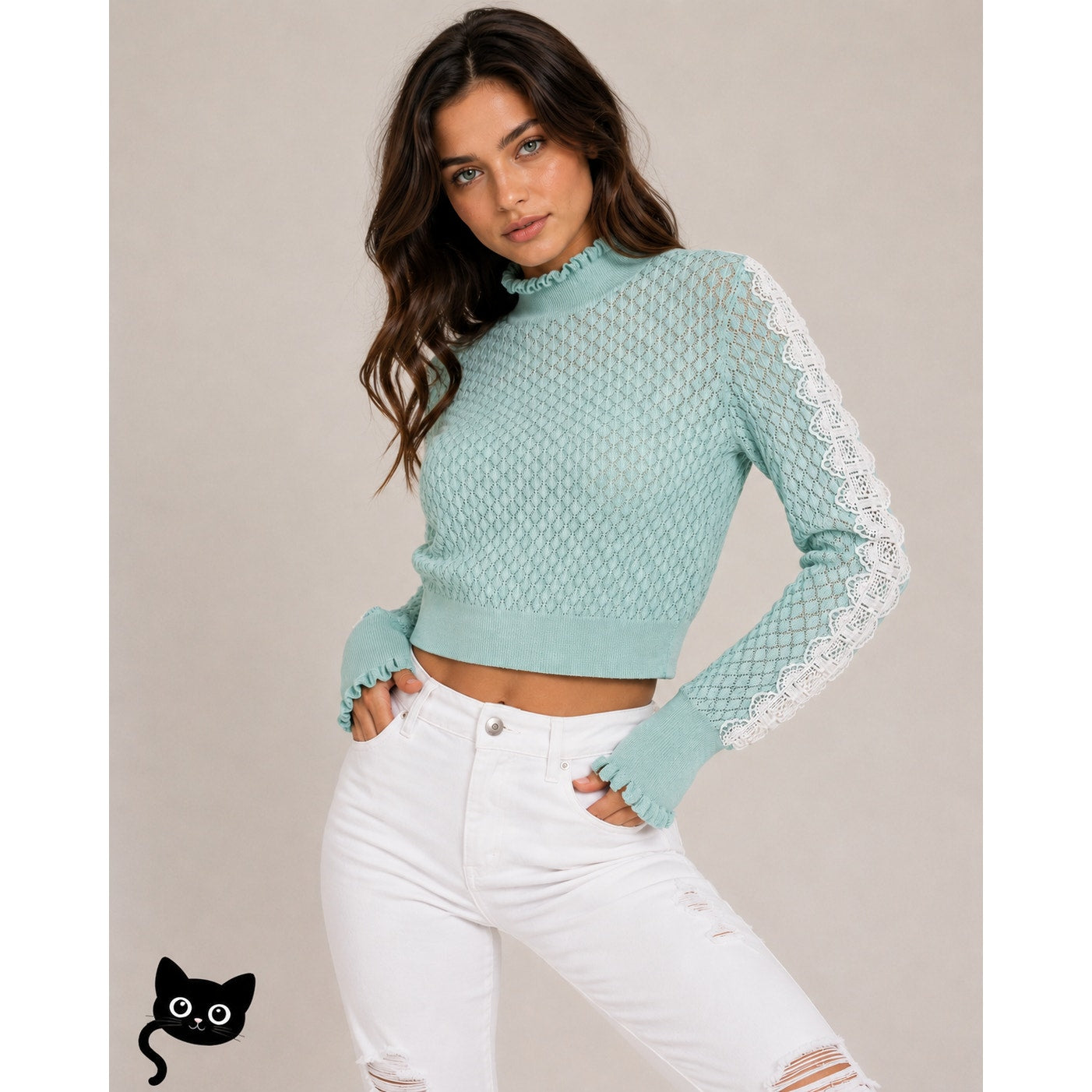ZARA Aqua Crochet Knit White Lace Stripe Ruffle Neck  Crop Sweater S