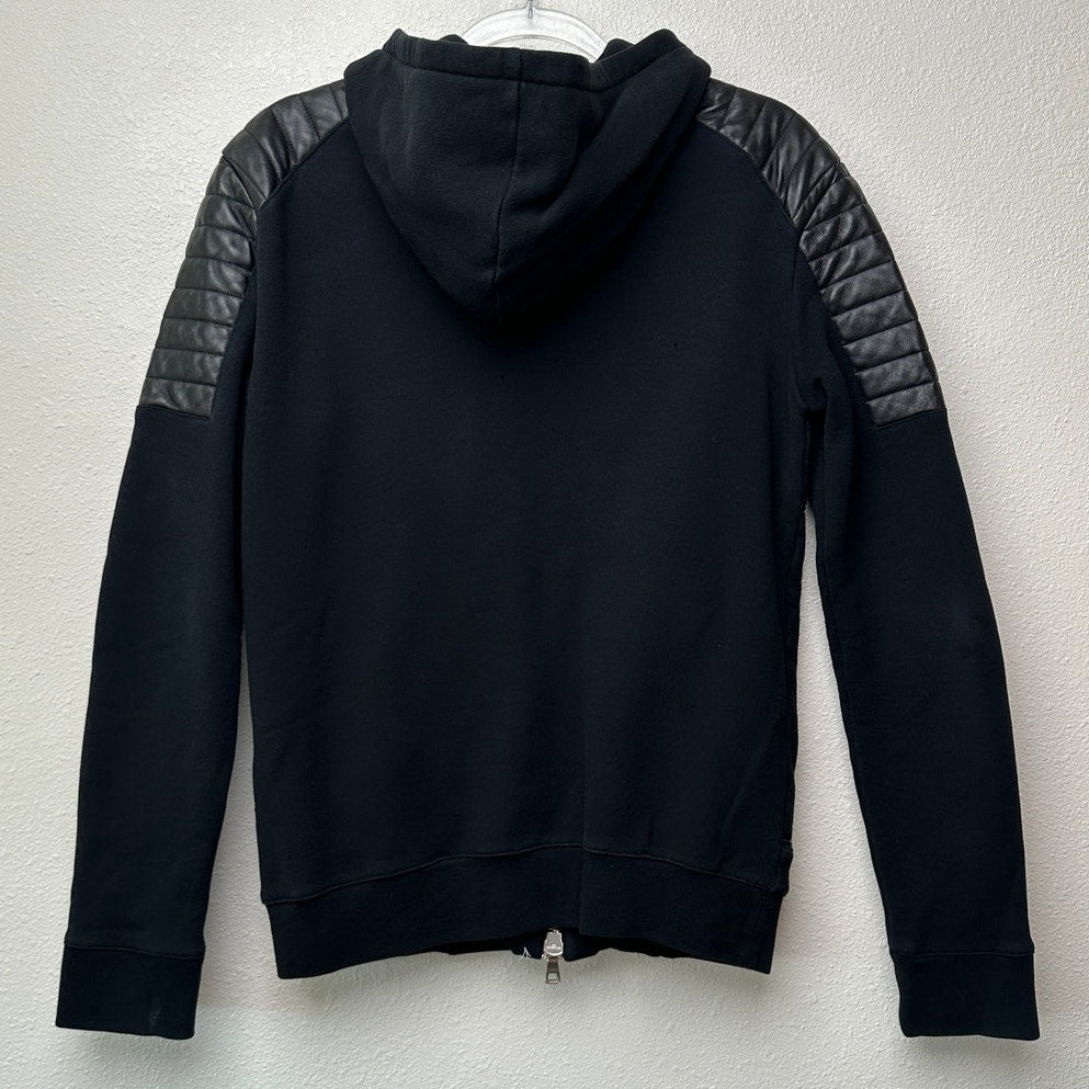 Balmain Black Moto Hoodie Leather-Shoulder Zip Sweatshirt Men M