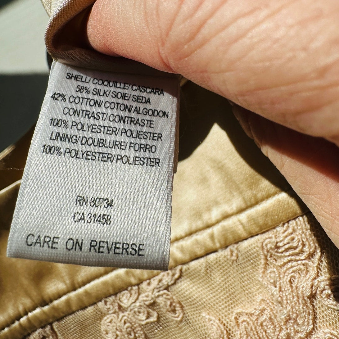 BCBGMAXAZRIA Tan Satin & Floral Lace Round Neck Mini Dress 6