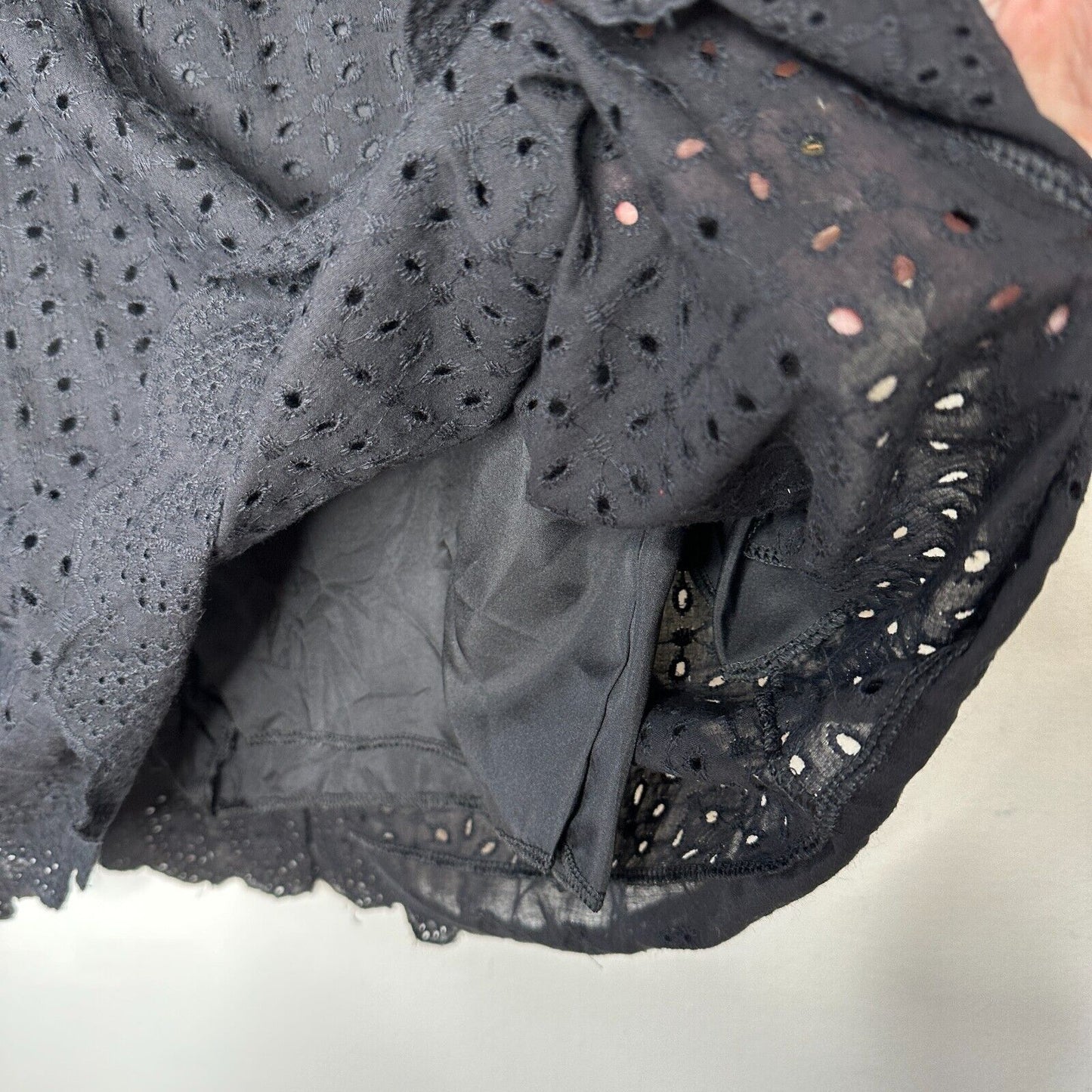 Black Eyelet Lace Ruffle Deep VNeck Zip Sleeveless Romper Mini Empire Waist Med
