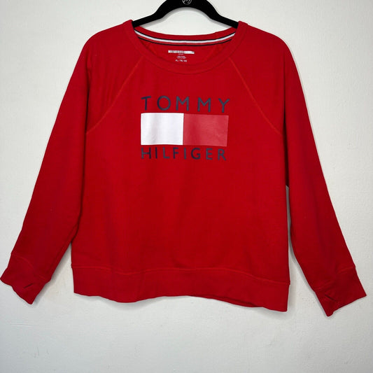 Tommy Hilfiger Sport Red Round Neck Big Logo Sweatshirt Thumbhole Sleeves XL
