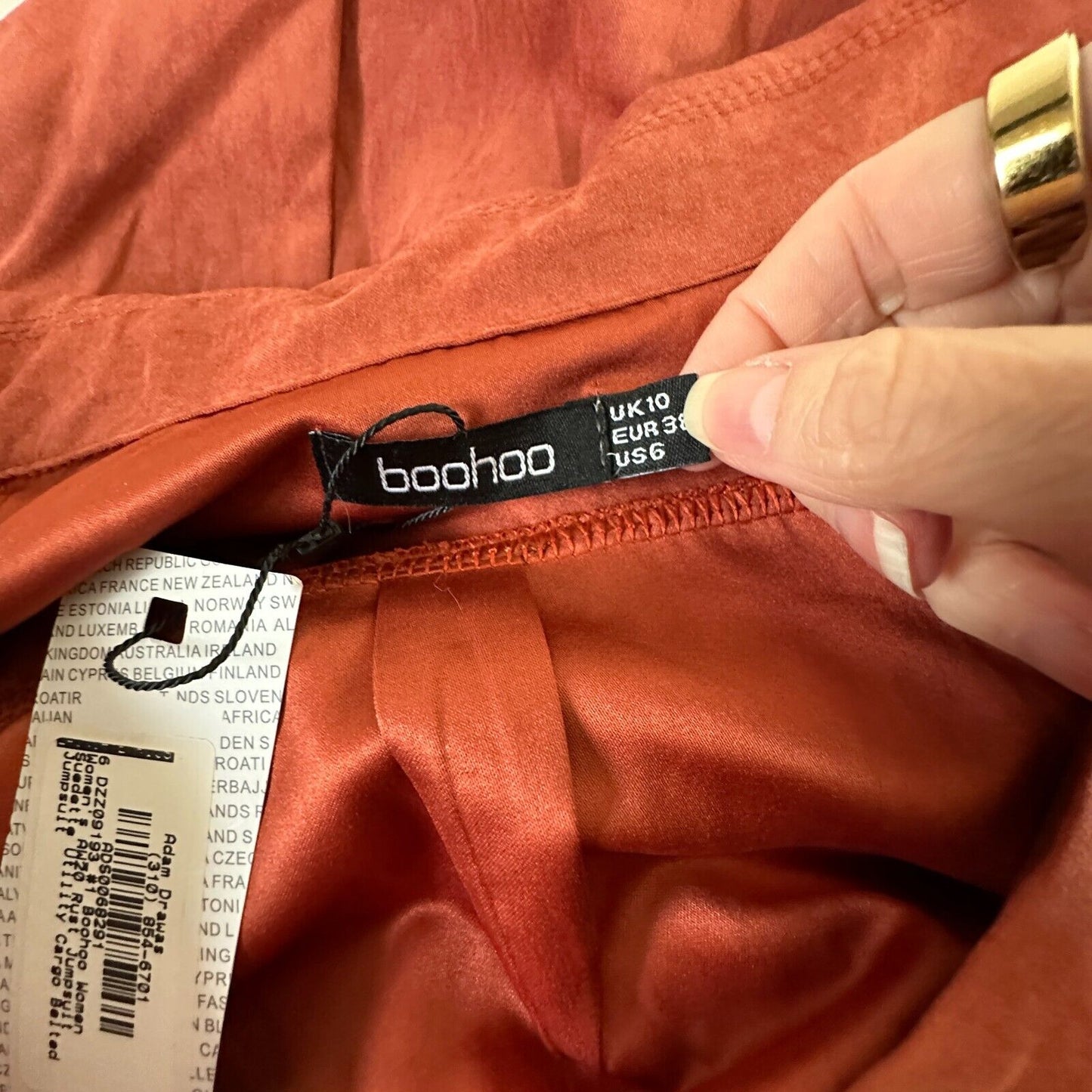 NWT Boohoo Rust Utility Cargo Belted Jumpsuit Tapered Leg Front Safari Pocket 7