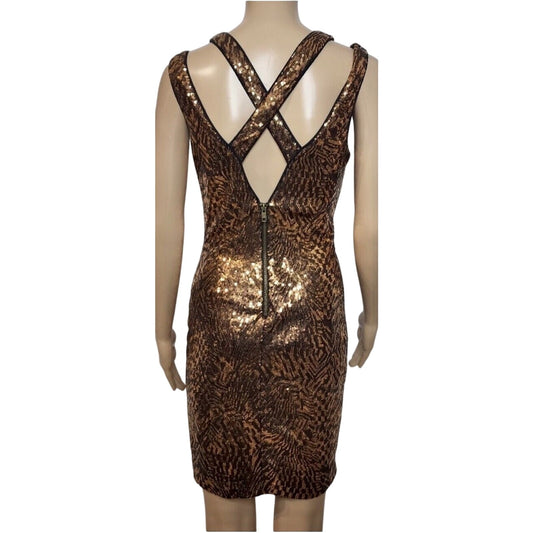 Bebe Copper Bronze Metallic Sequin Strappy Mini Dress Criss Cross Back Zip M