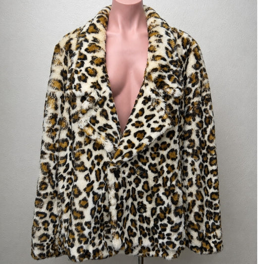 Betta Corradi Cream Brown Black Leopard Print Fuzzy Double Breasted Jacket