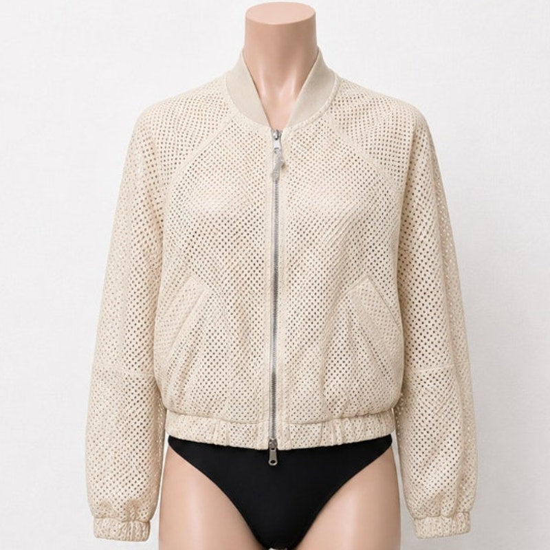 NWT Brunello Cucinelli Tan Cream Laser Cut 100% Leather Bomber Jacket 48 / XL