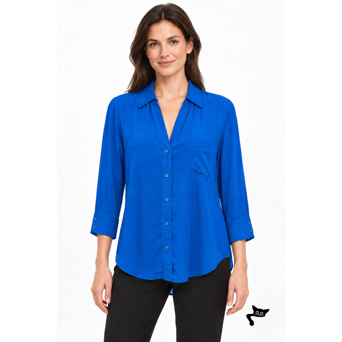 L'AGENCE Blue Button Front Blouse Women M 3/4 Sleeve