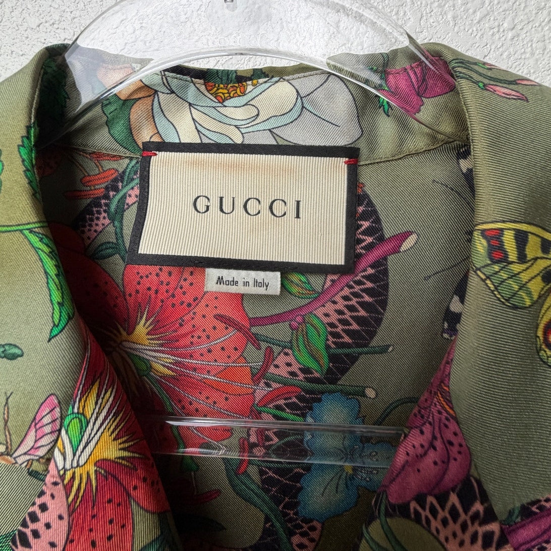 Gucci Olive Flora Snake Silk Camp Shirt Men's US 34