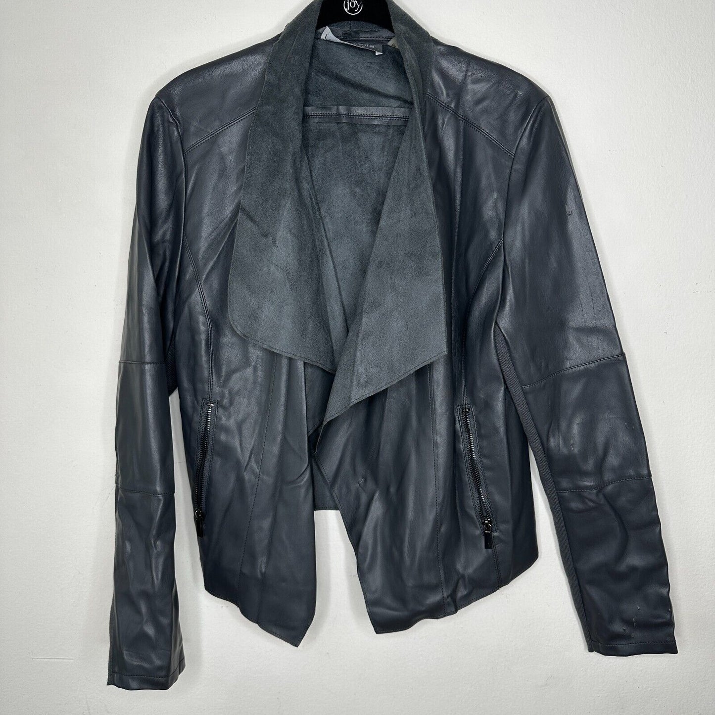 Bagatelle Pewter Gray Faux Leather Open Front Waterfall Jacket Zip Pocket Medium