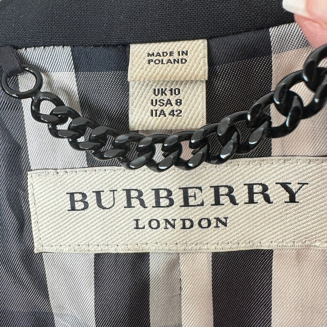 Burberry London Black 2-Button Wool Blazer Plaid Lined women's 8