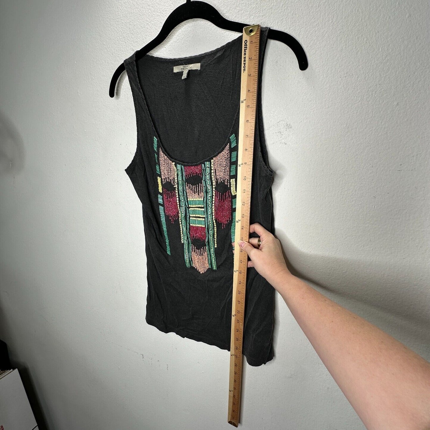 Zara Trafaluc Gray Multicolor Teal Pink Yellow Beaded Aztec Design Tank Top SM