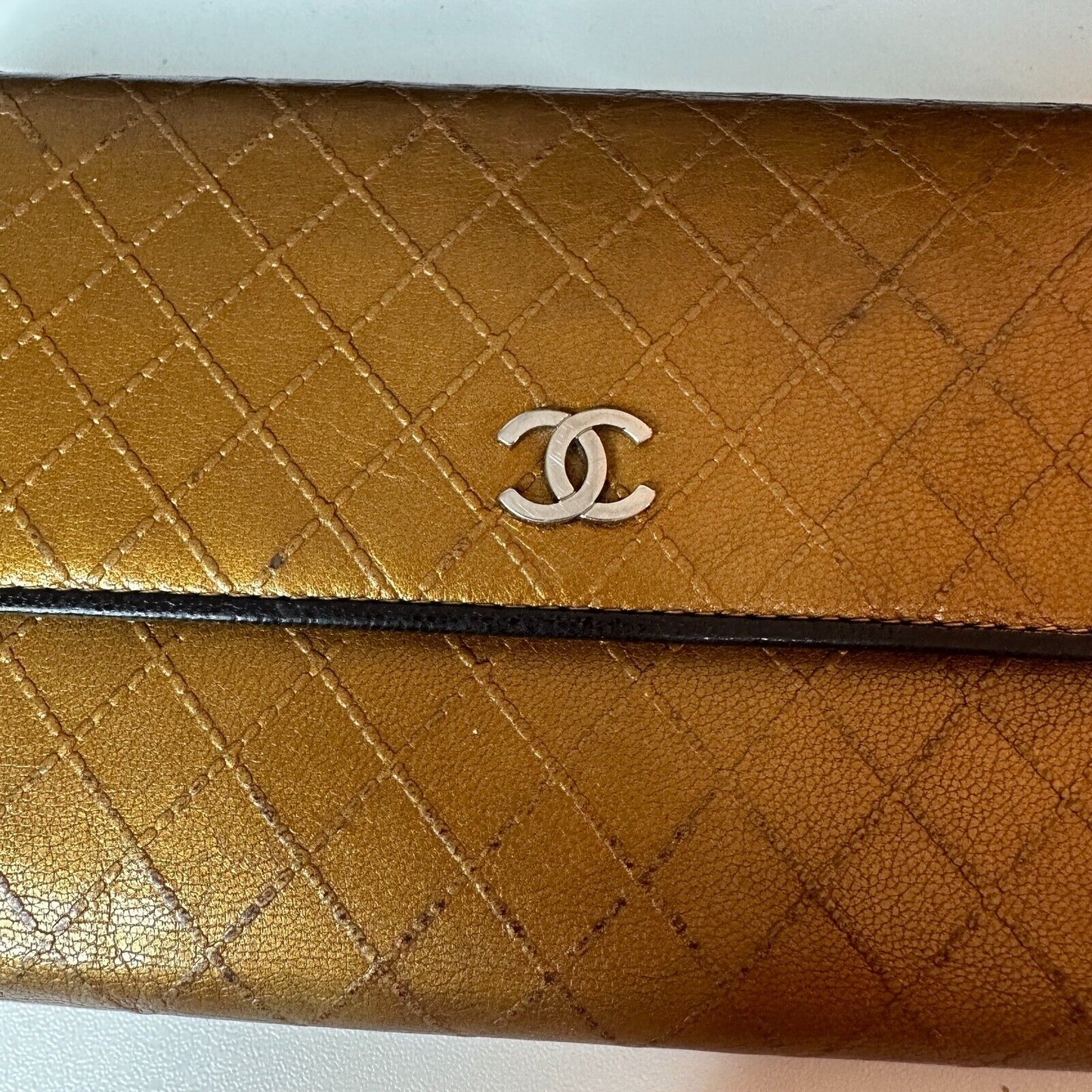 Authentic Chanel Tri-Fold Wallet Gold & Black Interior Trim Leather gold CC Logo