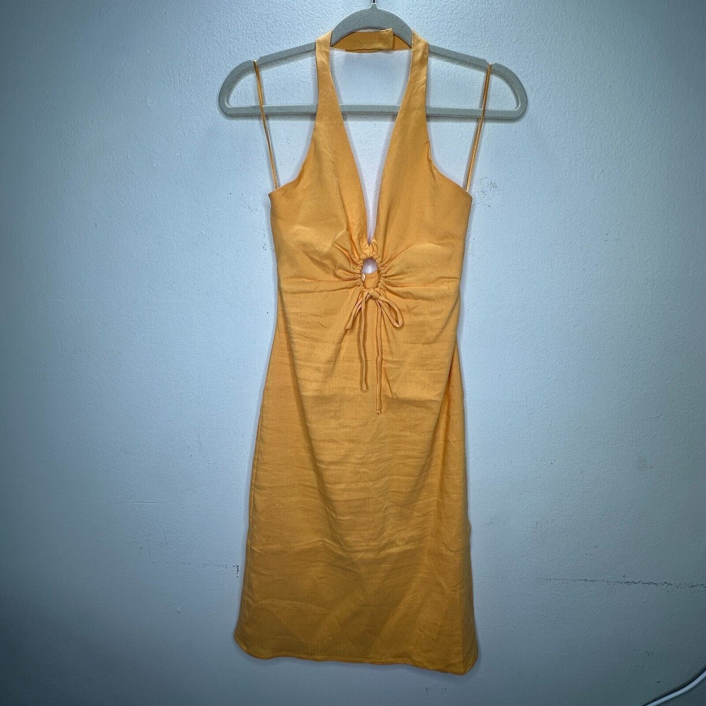 Zara Mustard Yellow Halter V-Neck Sun Dress O-Ring Cutout Front Open Back Small