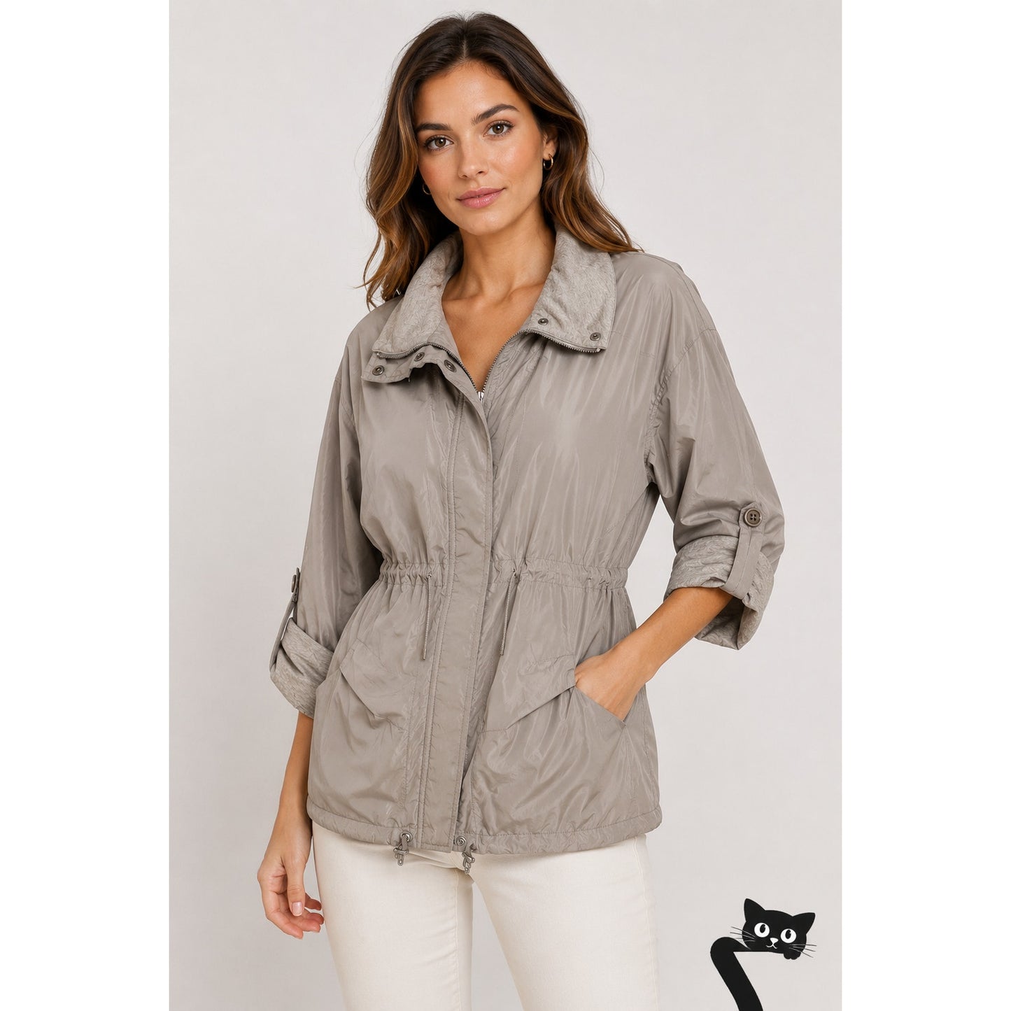 Brunello Cucinelli Taupe Gray Front-Snap Zip Cinch-Waist Windbreaker Jacket 46