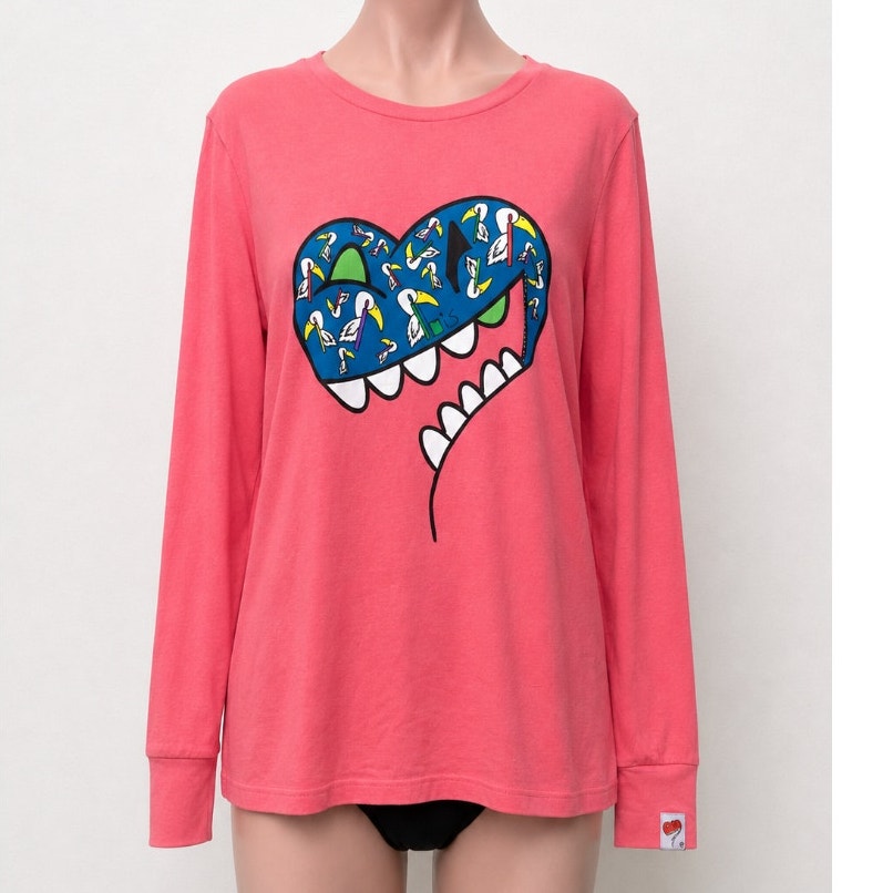 RARE Ibis Heart On Sleeve Collection Pink Coral Tee Long Sleeve Fine Cotton SM
