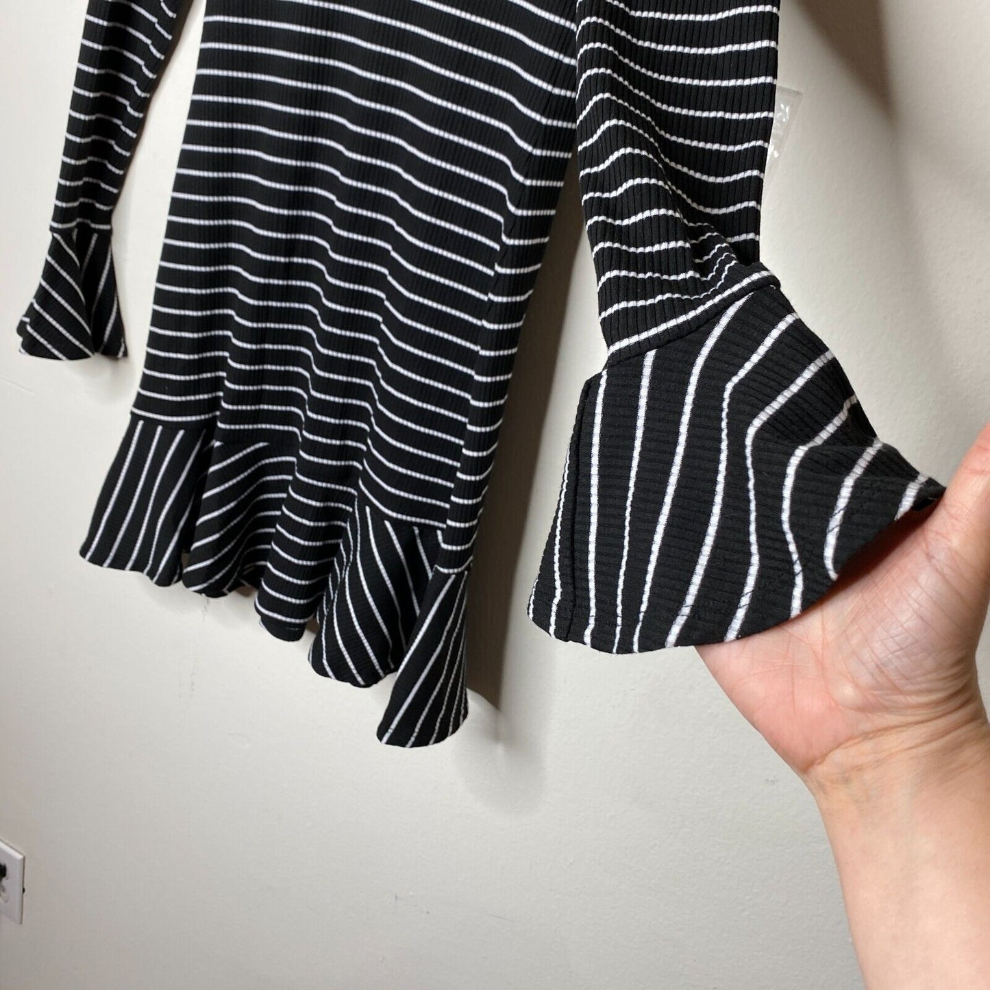 Saylor Black & White Stripe Tessa Bell Long Sleeve Keyhole Tie Knit Dress S