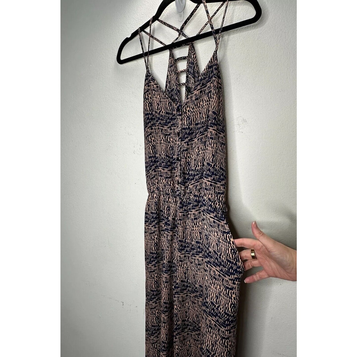 Fora Tan & Navy Front Button Strappy Decorative Back Wide Leg Jumpsuit Small