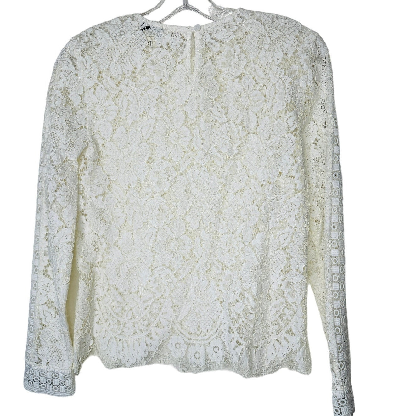 Club Monaco Ivory Floral Lace Round Neck Keyhole Back Long Sleeve Scalloped Hem Blouse XS