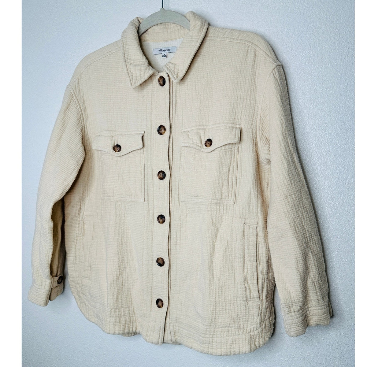 Madewell Oatmeal Long Sleeve Button Front Pocketed Waffle Pattern Shirt Jacket