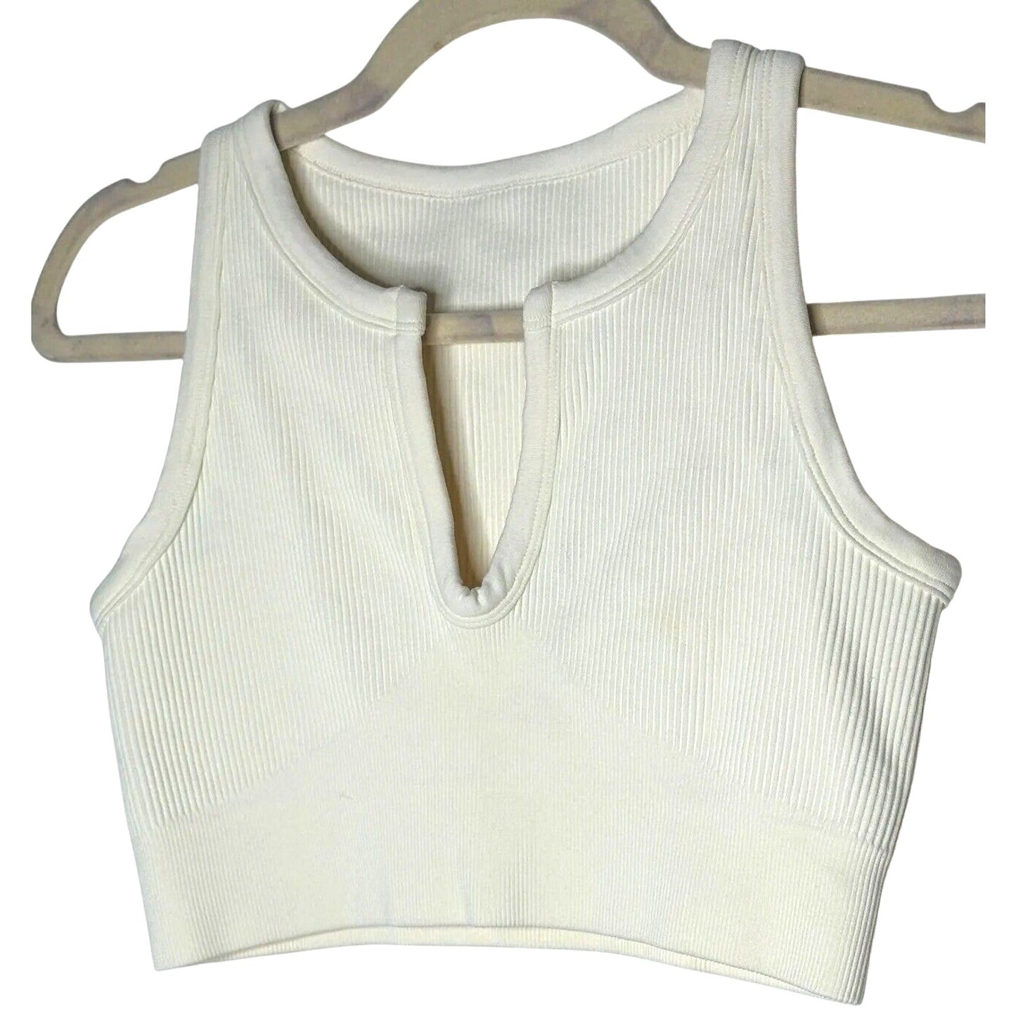 Cream Ribbed Knit Cut Front V-Neck Soft Sports Bra Crop Top No Inserts Medium