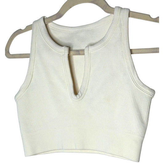 Cream Ribbed Knit Cut Front V-Neck Soft Sports Bra Crop Top No Inserts Medium