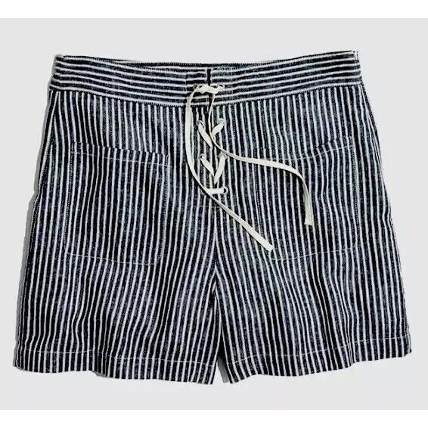Madewell Jean Blue Off White Striped High Waist Patch Pockets Lace-Up Shorts 4