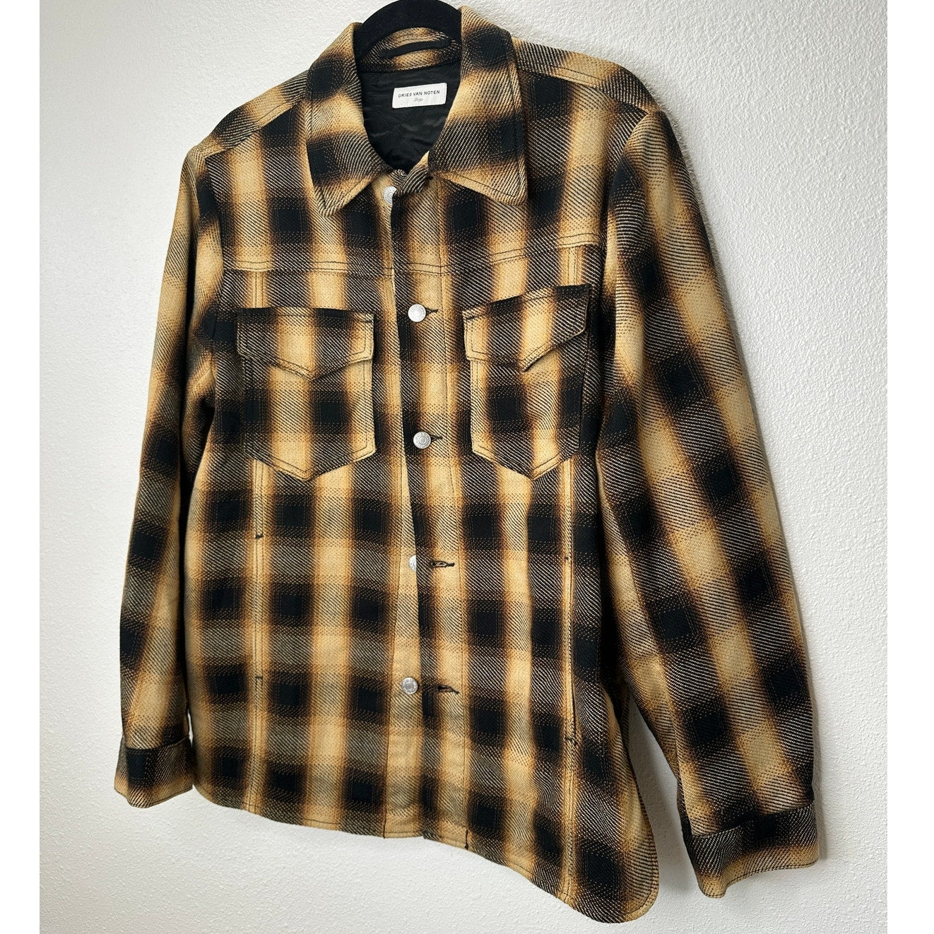 Dries Van Noten Butter Yellow Brown & Black Plaid Flannel Overshirt L