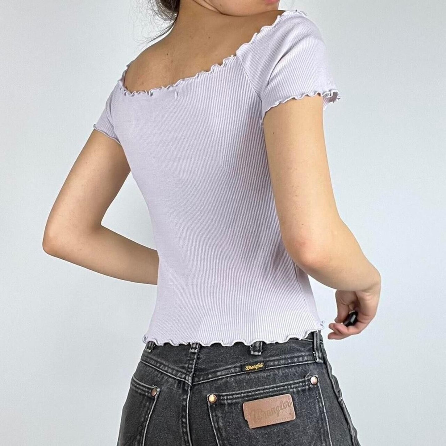 Brandy Melville White Crop Top Lettuce Trim Hem Neckline & Sleeve Rib Knit OS