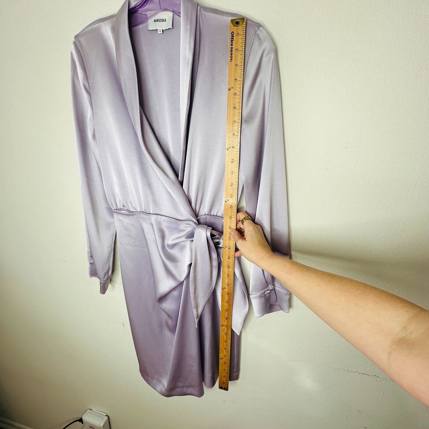 Nanushka Lilac Siwa Tech Satin Wrap Dress Asymmetrica V-Neck Concealed Snap S