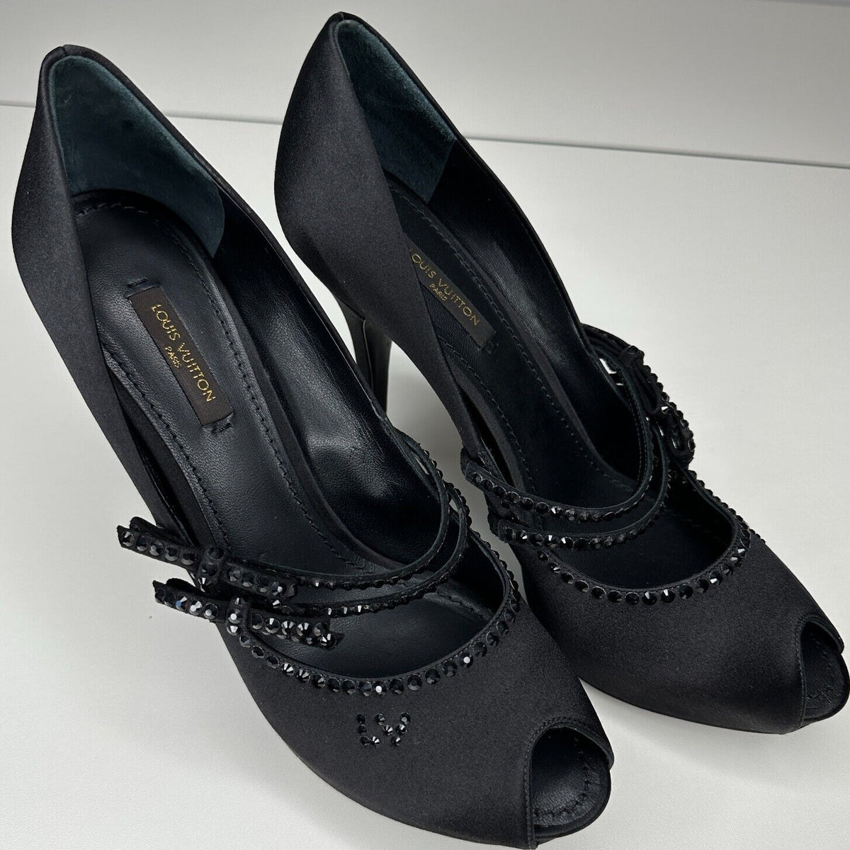 Louis Vuitton Vintage Black Satin Open Toe Crystal Strap Embellished Pumps 37.5