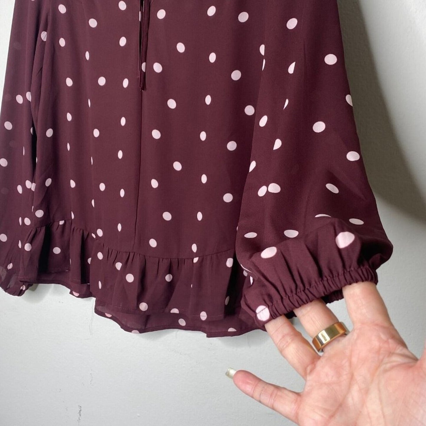 Loft Burgundy Plum & Pink Polka Dot Tie Neck Ruffle Hem Long Sleeve Blouse XXS