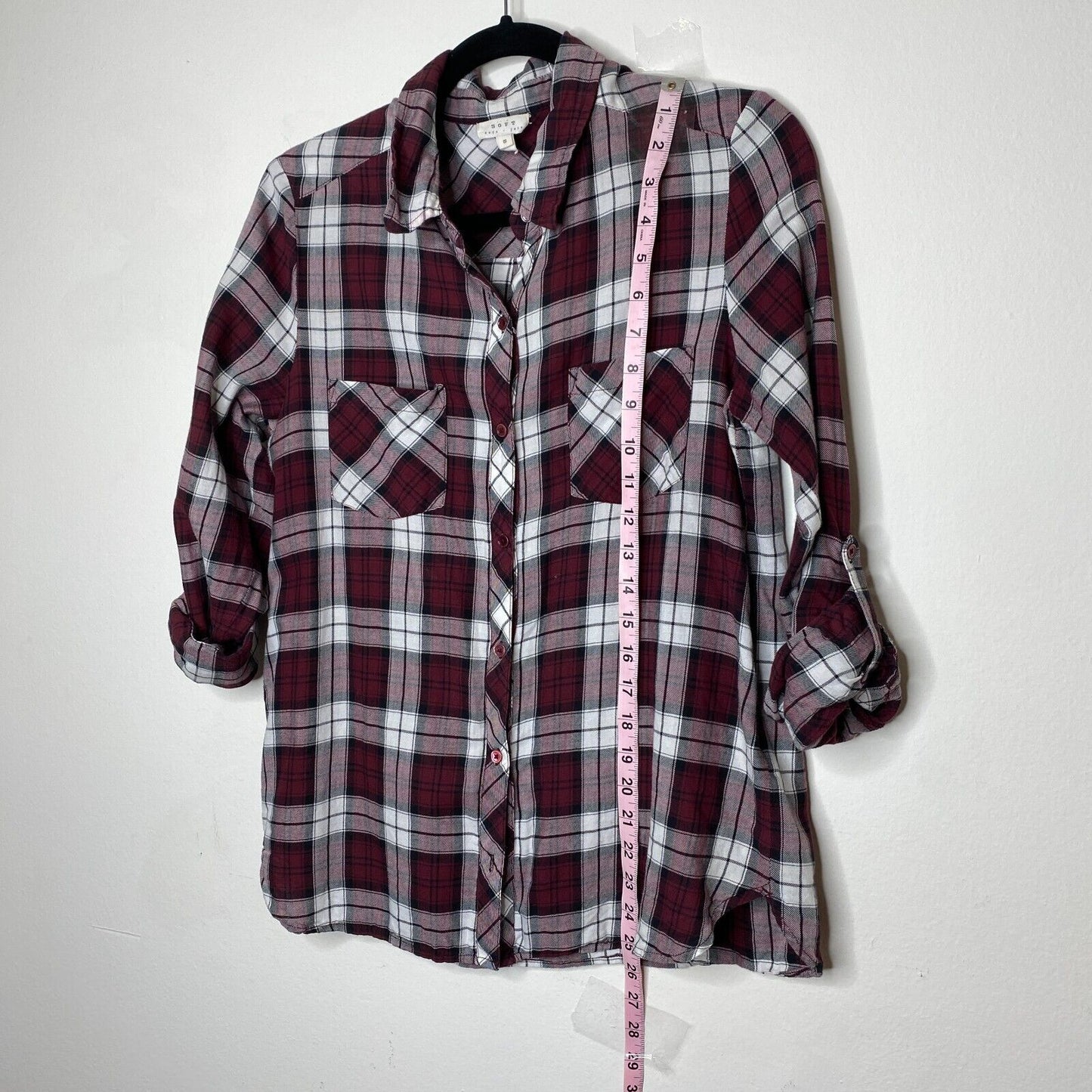 Soft Joie Plaid Button Up Shirt Burgundy Eggplant Roll Tab Sleeve Small