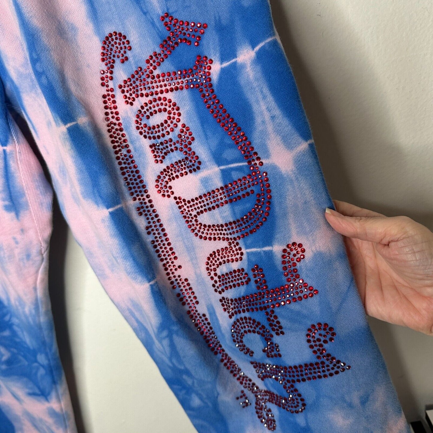 Von Dutch SET Blue Pink Tie Dye Red Rhinestone Logo Oversize Hoodie & Pants