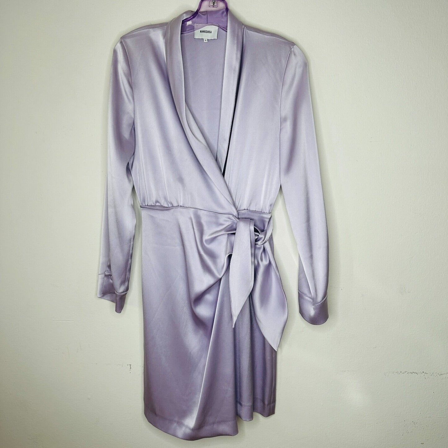 Nanushka Lilac Siwa Tech Satin Wrap Dress Asymmetrica V-Neck Concealed Snap S