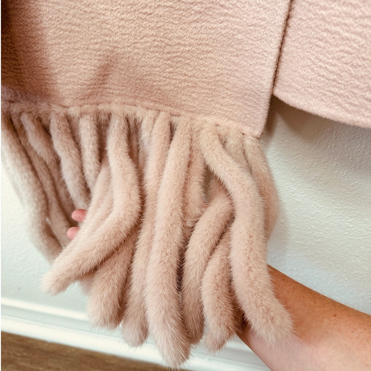 Fendi Muted Pink Button Camel Wool Pleated Sides Dangling Tassel Fringe 42