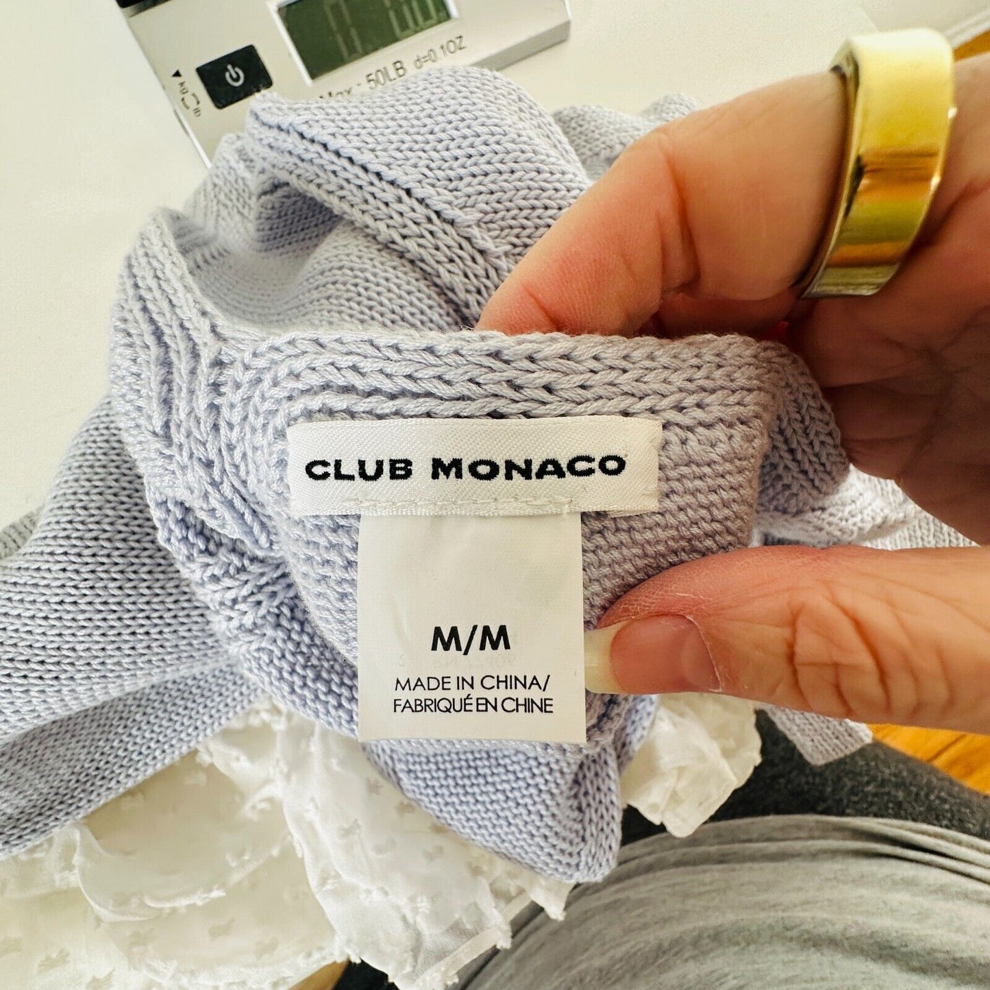 Club Monaco Purple White Knit V-Neck Tank Sheer Mesh Polka Dot Ruffle Hem Medium