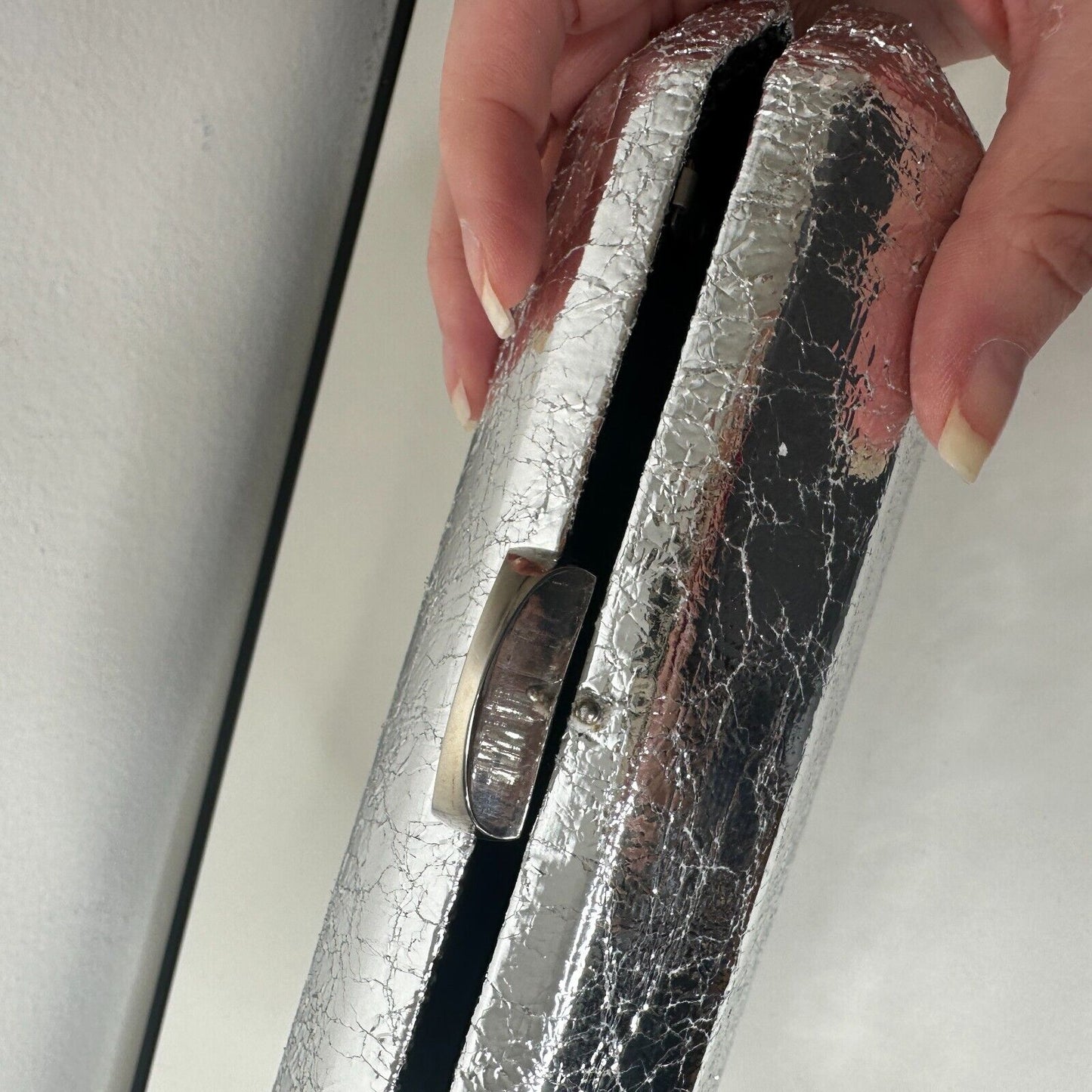 Lulu's Silver Metallic Krinkle Box Snap Close Clutch Purse & Chain Strap
