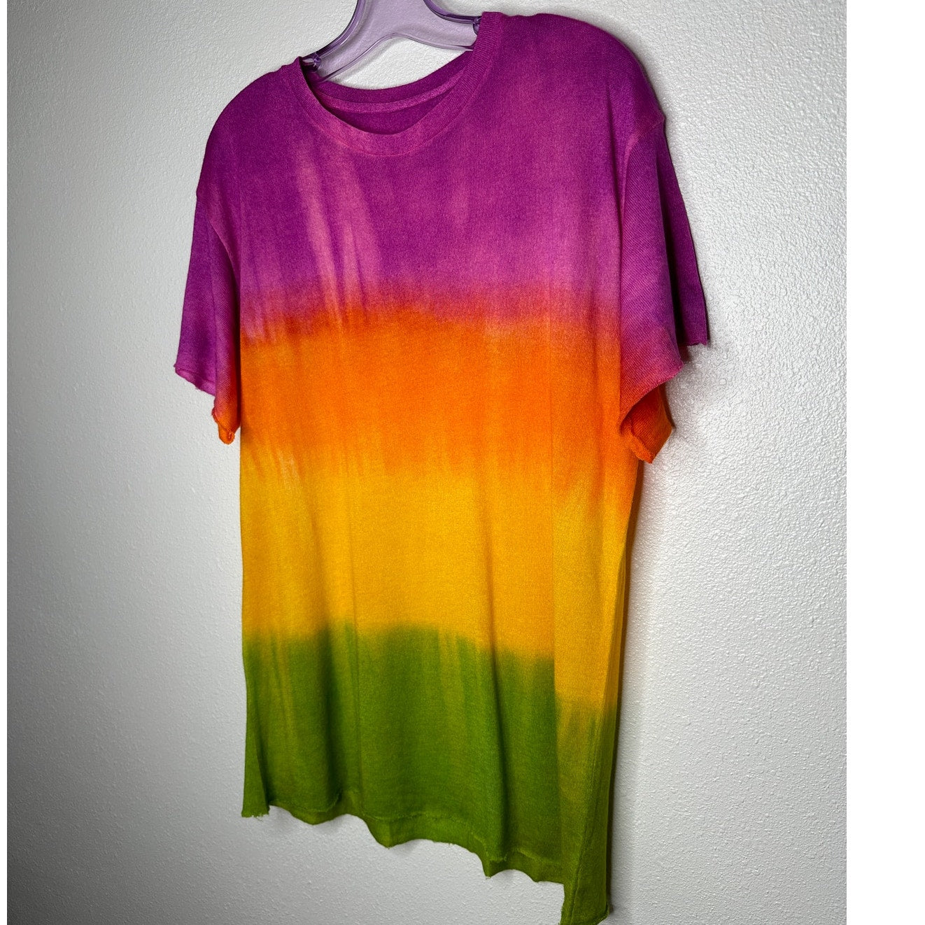 The Elder Statesmen Rainbow Tie Dye Machine Cut Sleeves & Hem Round Neck Sweater