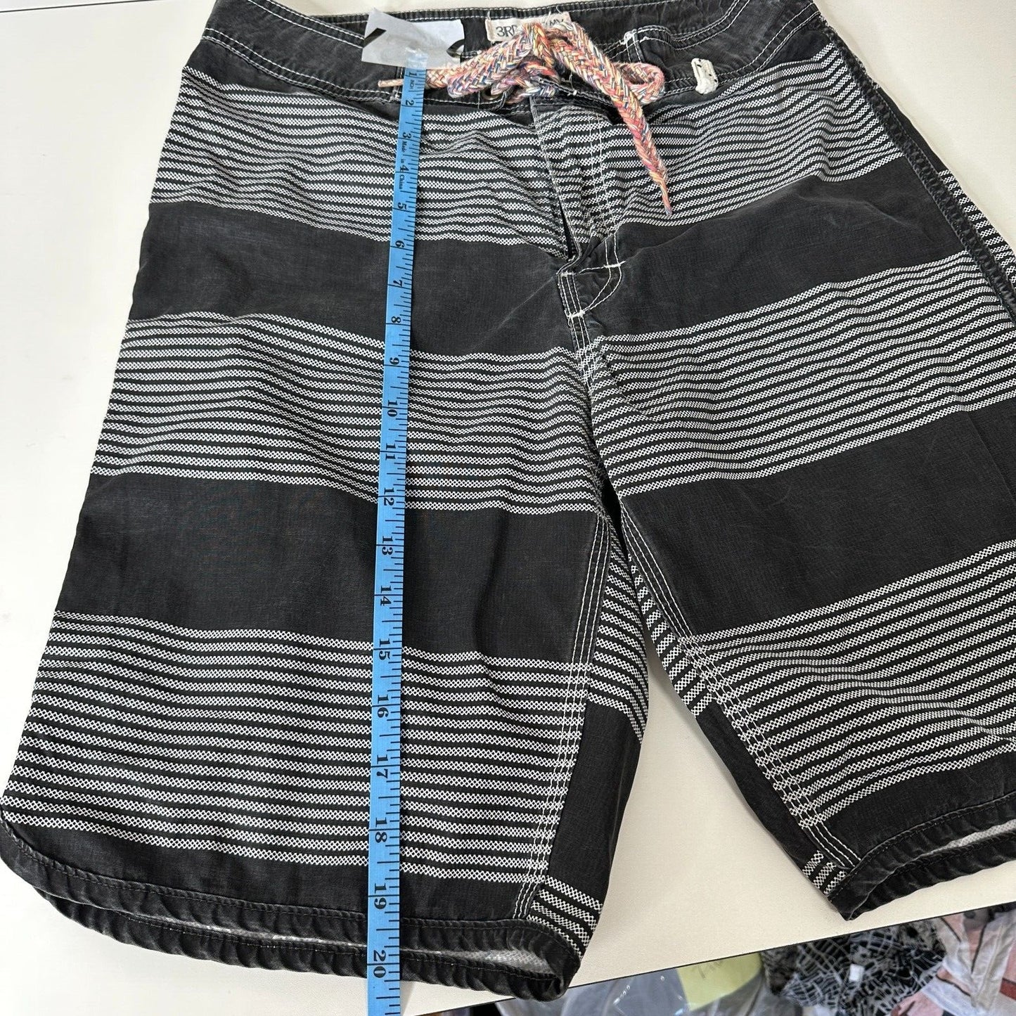 3rd & Army Mens Black & White Stripe Tie Waist Back Button Pocket Board Short 30