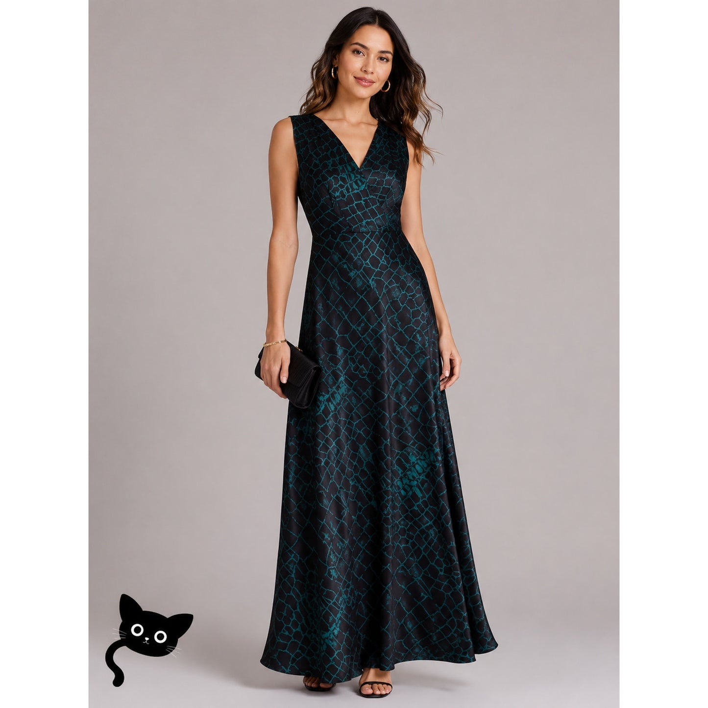 REISS Bebe Black & Green Print Flowy Maxi Sleeveless Deep V-Neck Front & Back 8