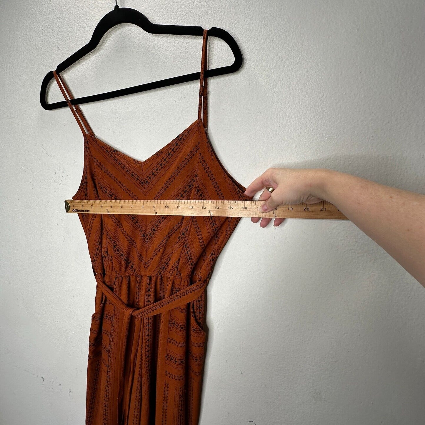 E & M Rust & Black Aztec Print V-Neck Spaghetti Strap Pockets Tie Waist Jumpsuit