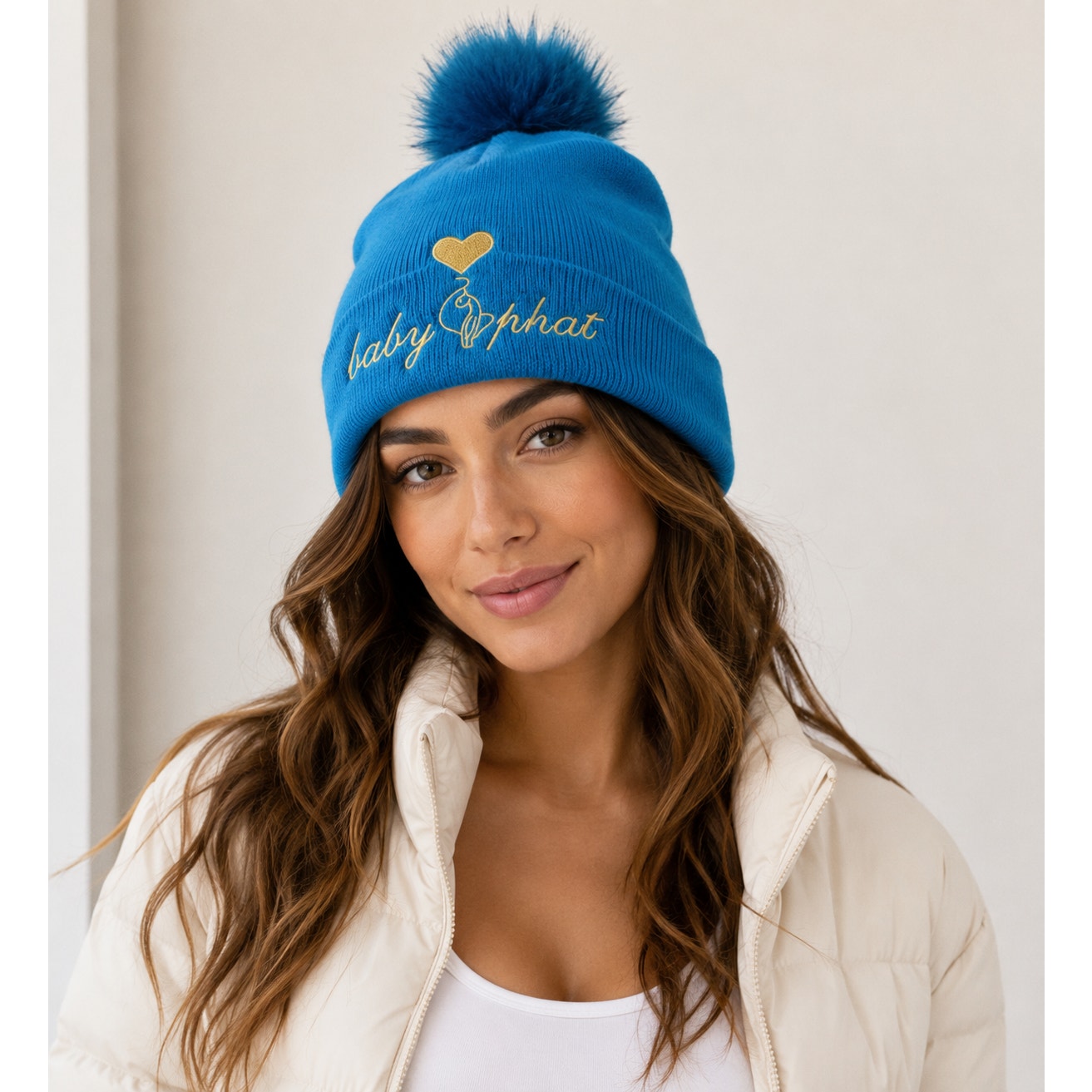 Baby Phat Blue with Gold Logo and Heart Pom Beanie OS