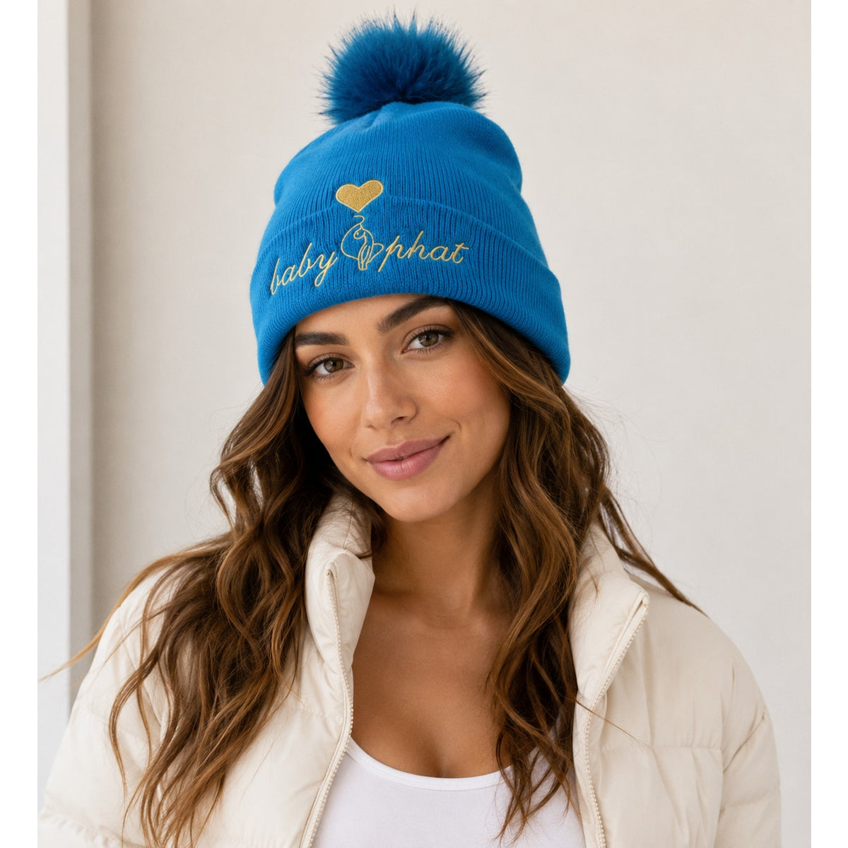 Baby Phat Blue with Gold Logo and Heart Pom Beanie OS