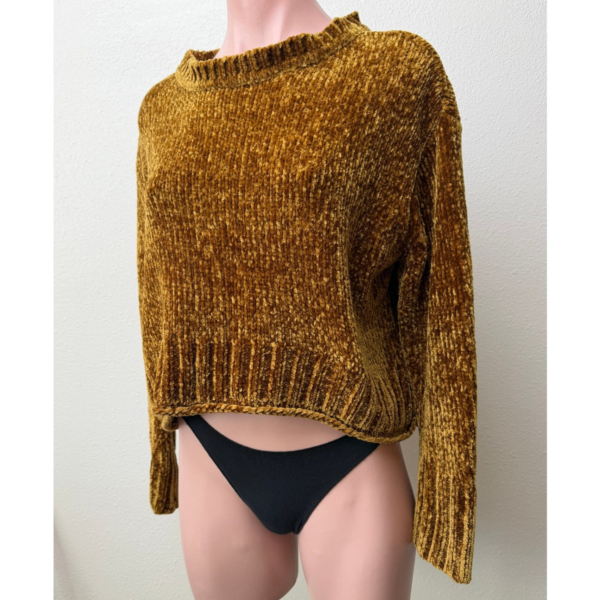 Zara Knit Mustard Gold Chenille Cropped High Low Sweater Women's US S