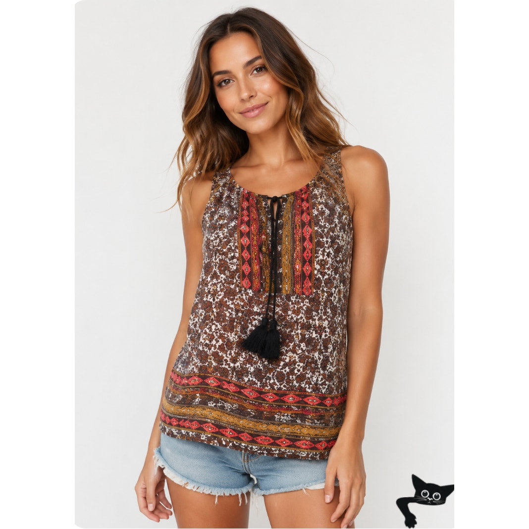 Braeve Brown Peach Teal and Cream Aztec Front Tie Sleeveless Tank Extra Small