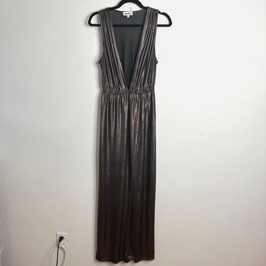 About Us Meredith Plunge Maxi Deep VNeck Sleeveless Shiny Bronze Metallic Small