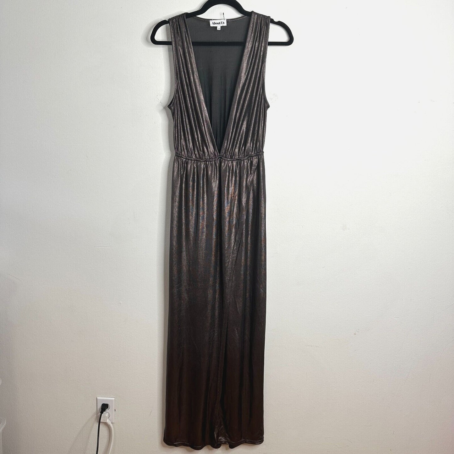 About Us Meredith Plunge Maxi Deep VNeck Sleeveless Shiny Bronze Metallic Small